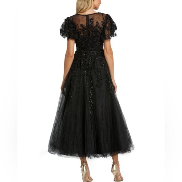NEW Mac Duggal 20362 Embellished Flutter Sleeve‎ Tea Length Dress Black - Picture 6 of 12